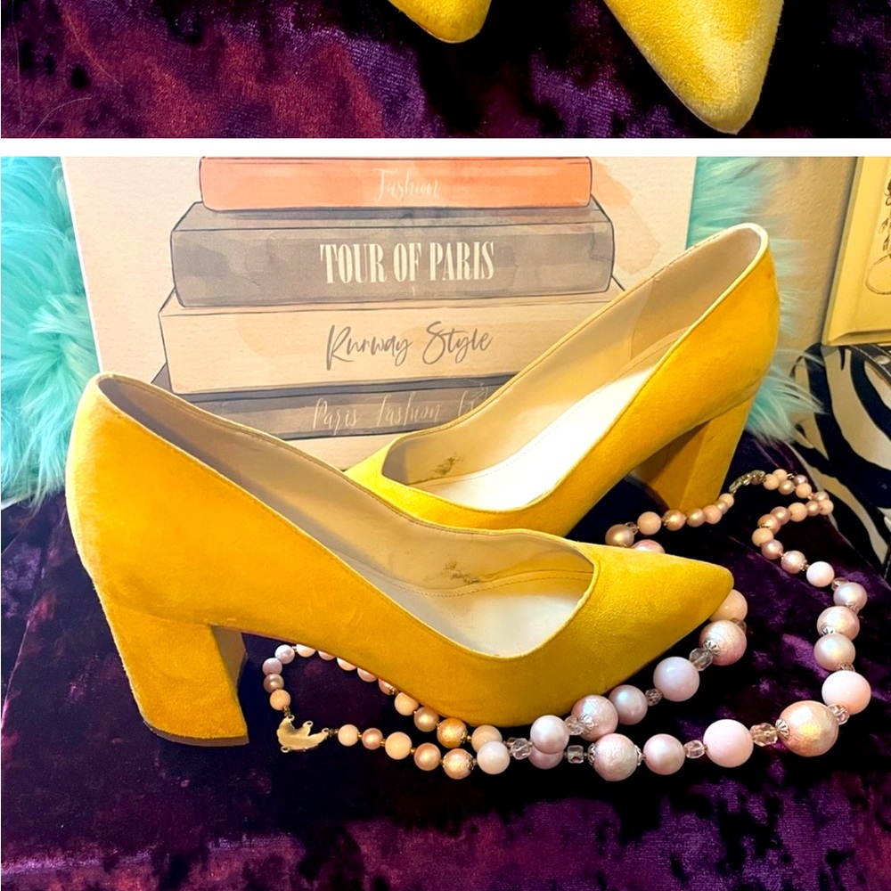 Marc Fisher Women 8 Caitlin Yellow Suede
Block Heel Pump Shoe Pointed toe